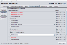 Die Auswahl der Sonderfertigkeiten.