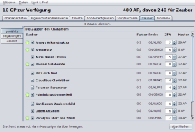 Die Auswahl der Zauber.